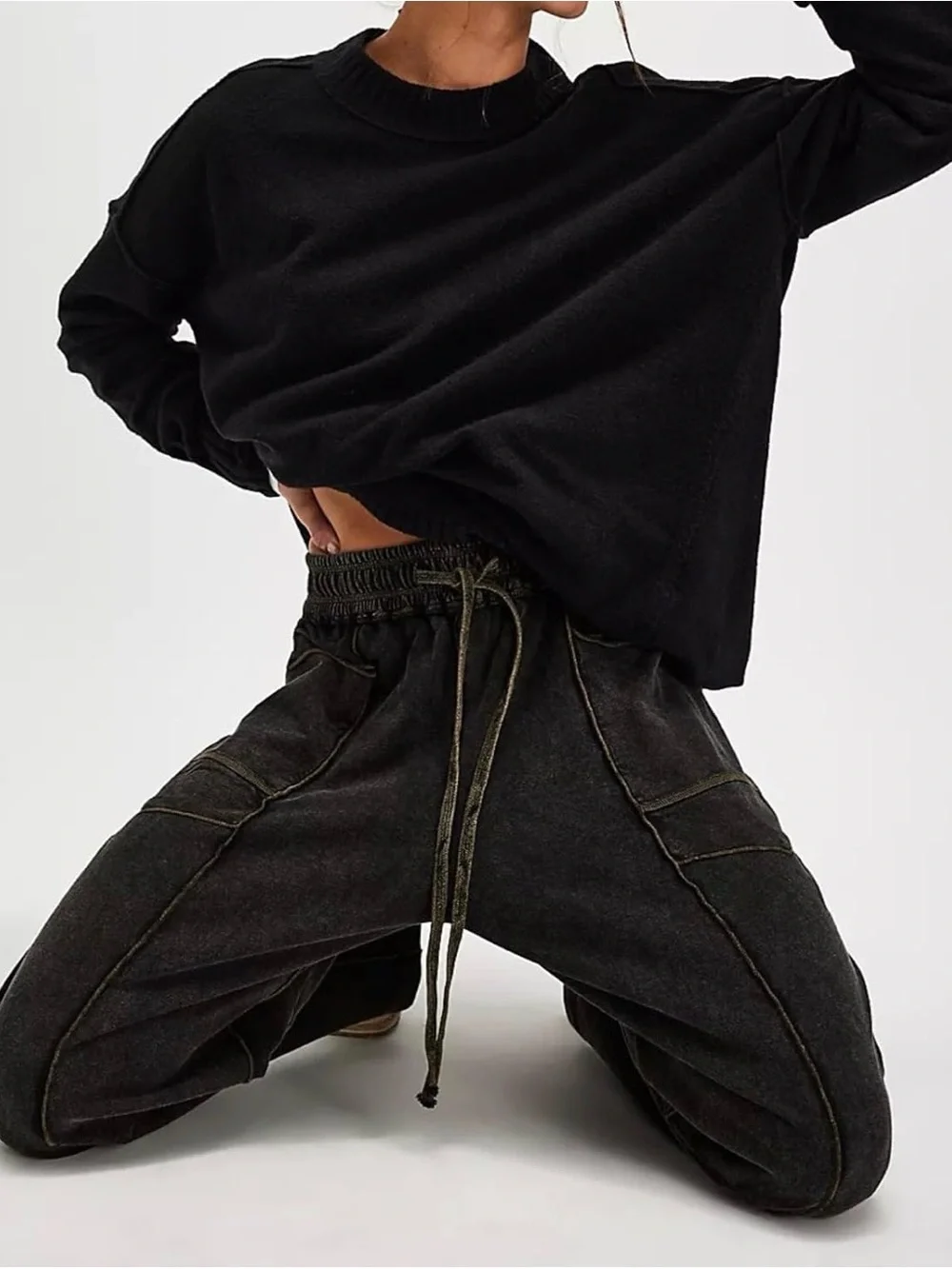 Free People Black Relaxed Drawstring Track Pants